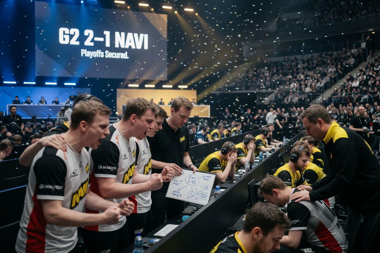 Photojournalistic image of G2 celebrating a 2–1 win over NAVI in a packed Cologne